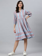 Janasya Women's Sky Blue Cotton Blend Striped Flared Western Dress - Distacart