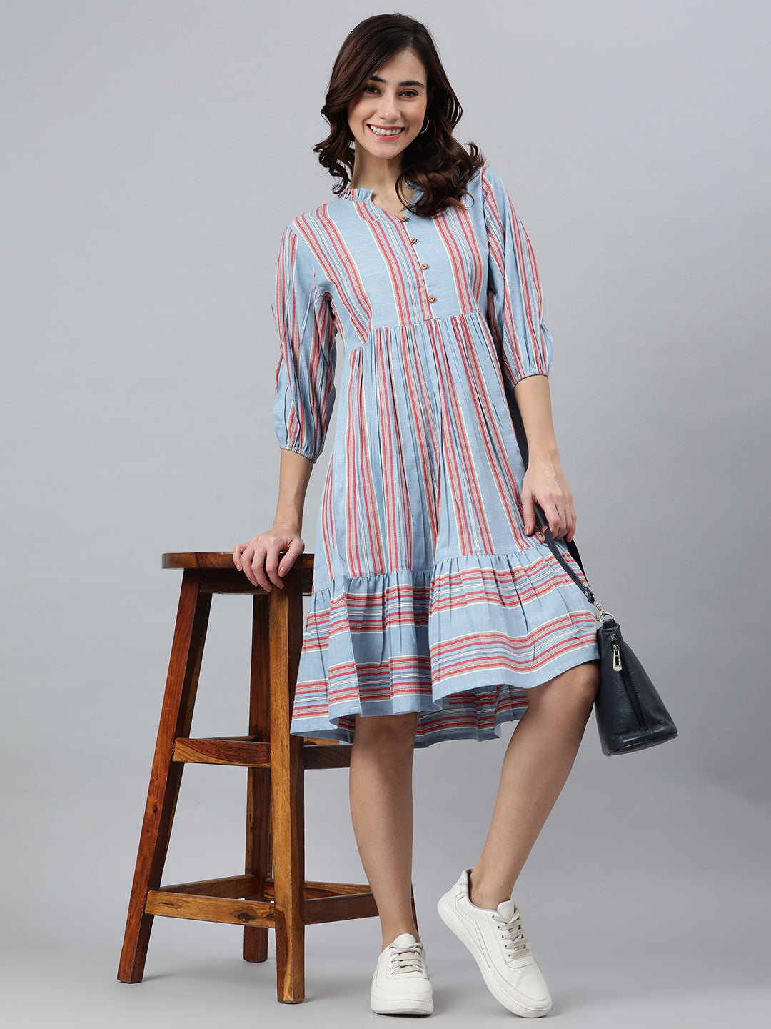 Janasya Women's Sky Blue Cotton Blend Striped Flared Western Dress - Distacart