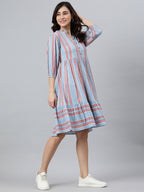 Janasya Women's Sky Blue Cotton Blend Striped Flared Western Dress - Distacart