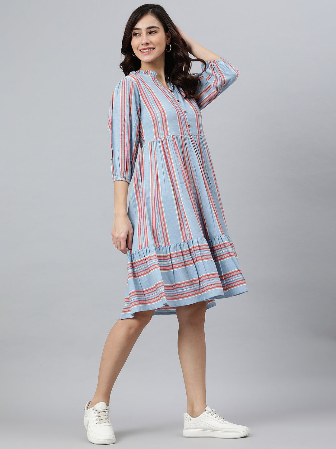 Janasya Women's Sky Blue Cotton Blend Striped Flared Western Dress - Distacart