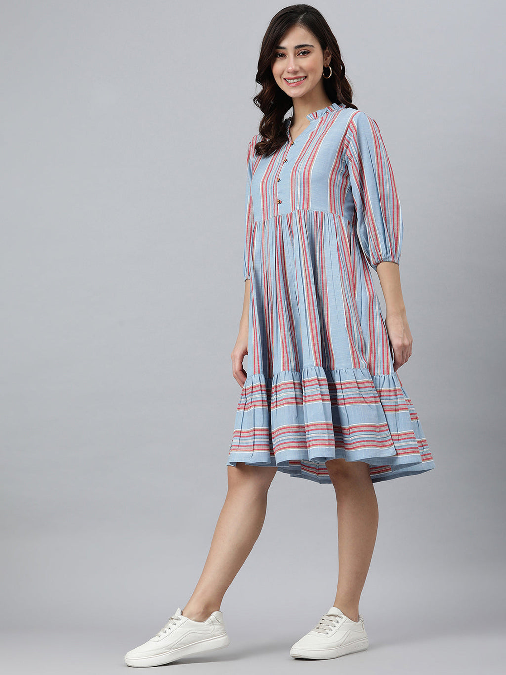 Janasya Women's Sky Blue Cotton Blend Striped Flared Western Dress - Distacart