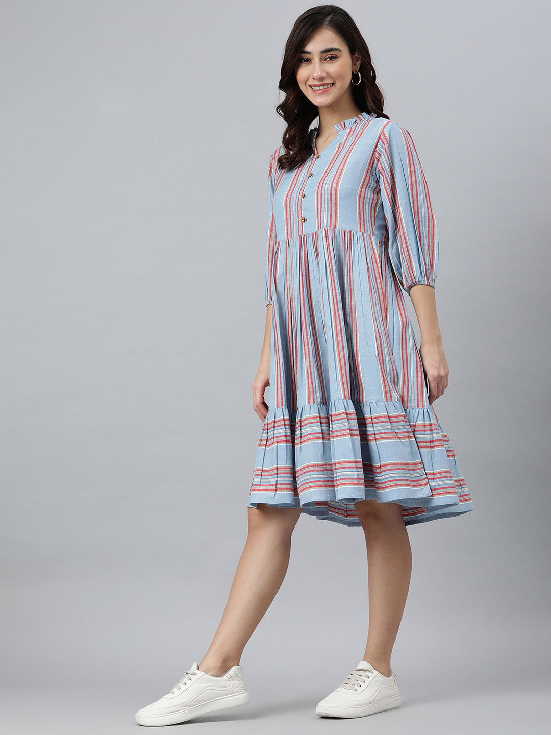 Janasya Women's Sky Blue Cotton Blend Striped Flared Western Dress - Distacart