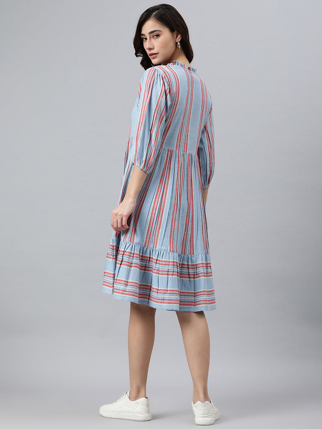 Janasya Women's Sky Blue Cotton Blend Striped Flared Western Dress - Distacart