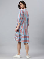 Janasya Women's Sky Blue Cotton Blend Striped Flared Western Dress - Distacart