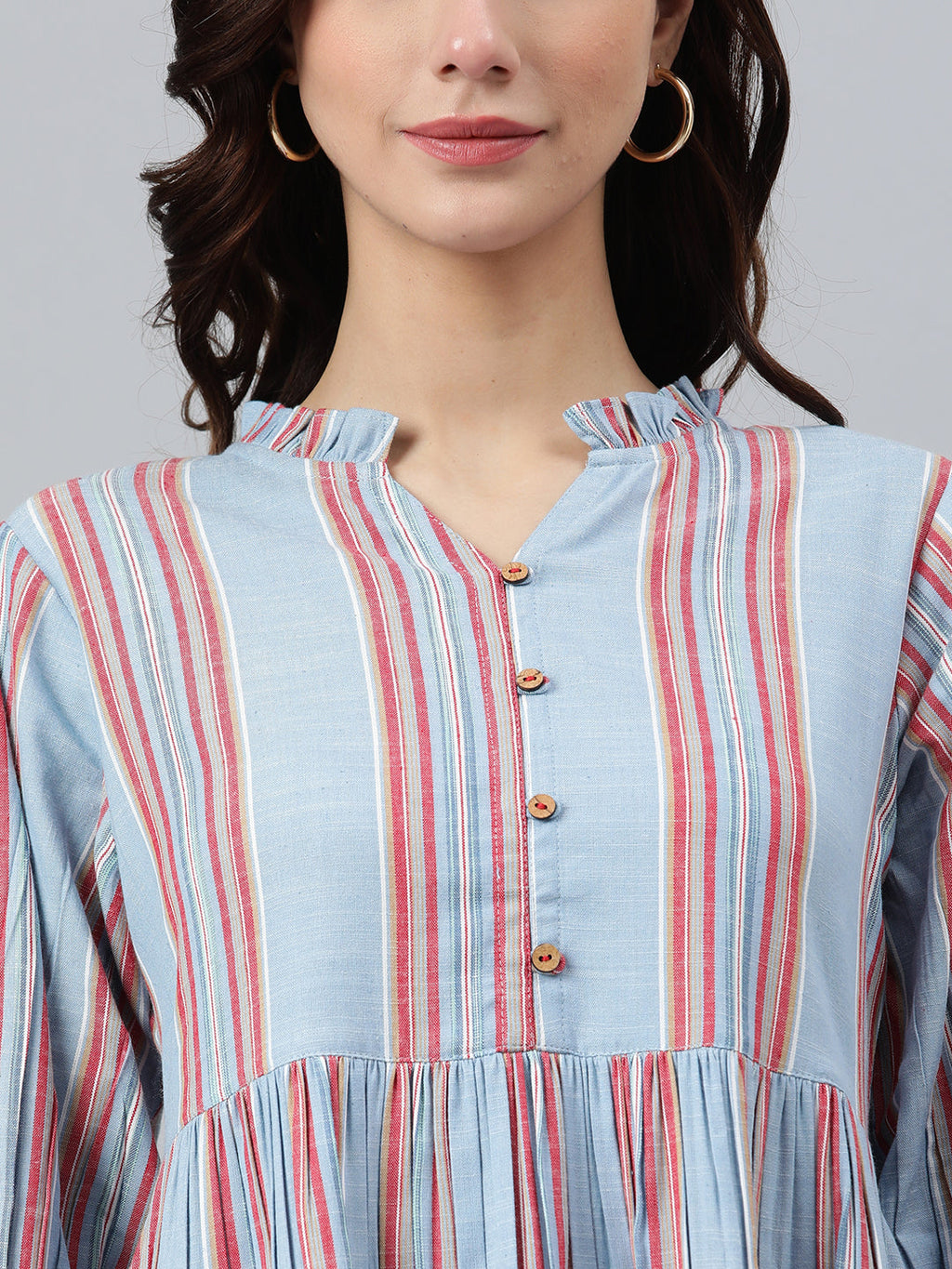 Janasya Women's Sky Blue Cotton Blend Striped Flared Western Dress - Distacart