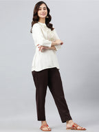Janasya Women's Cream Rayon Slub Embroidered A-Line Top - Distacart