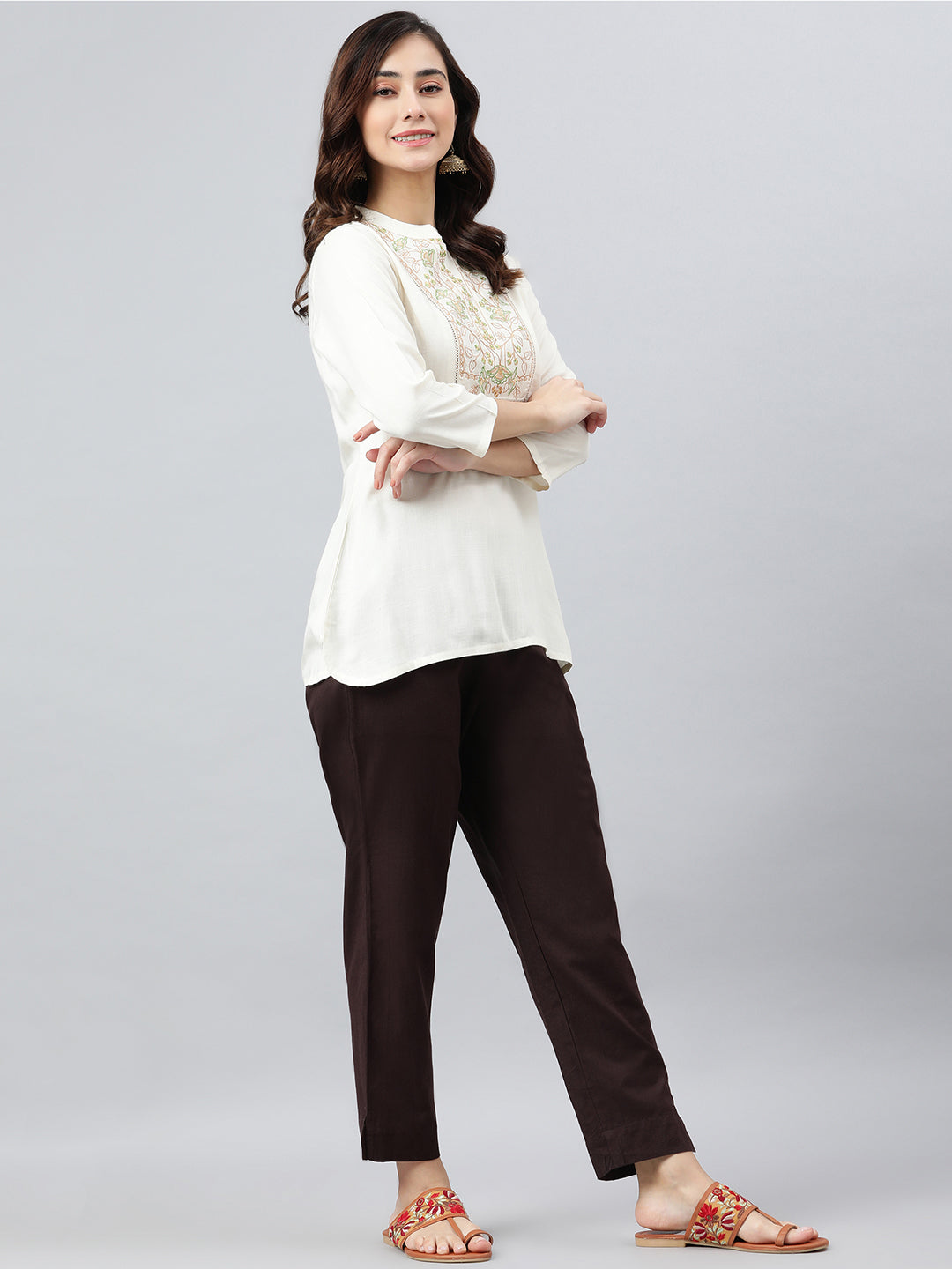 Janasya Women's Cream Rayon Slub Embroidered A-Line Top - Distacart