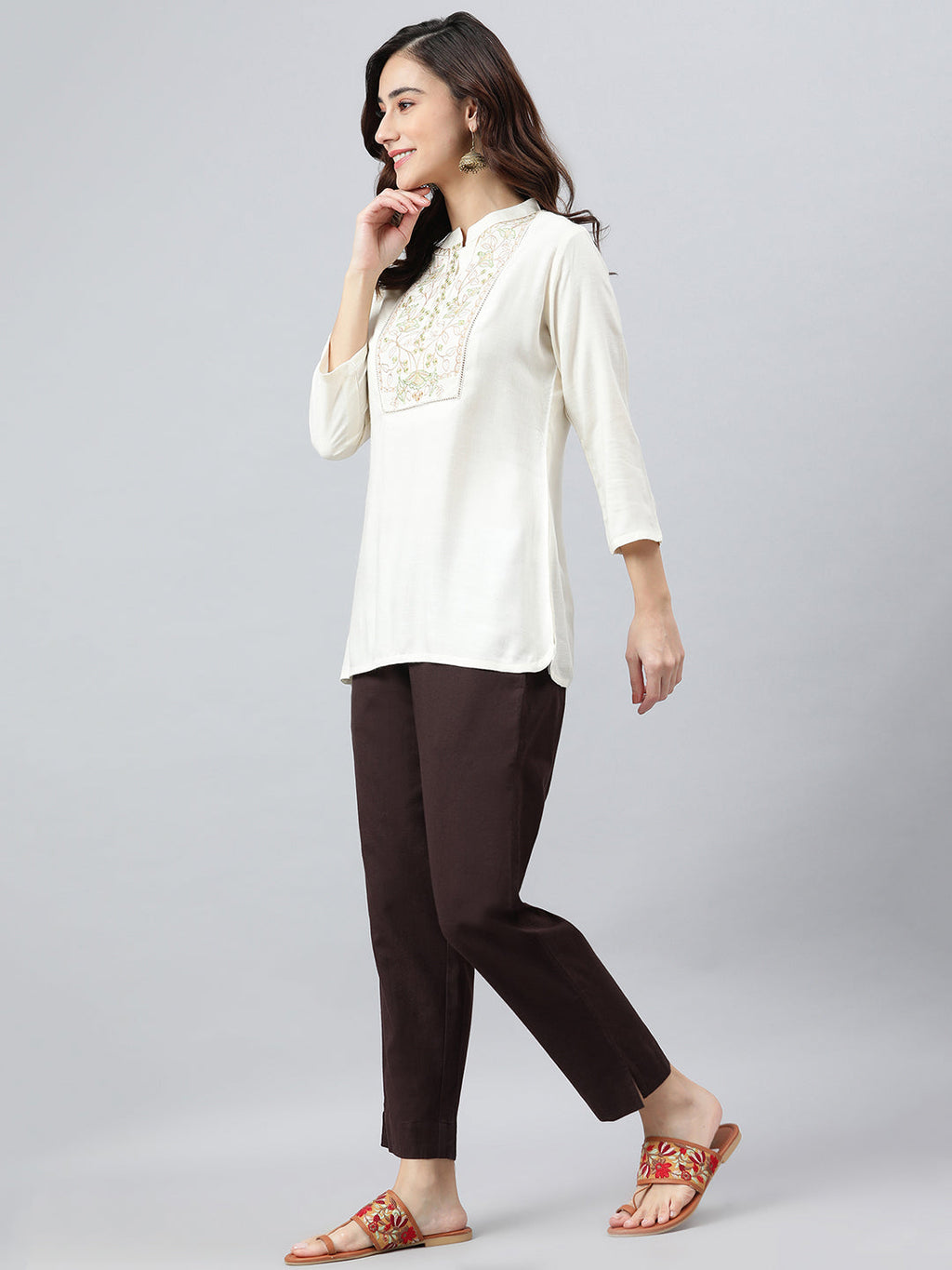 Janasya Women's Cream Rayon Slub Embroidered A-Line Top - Distacart