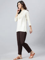 Janasya Women's Cream Rayon Slub Embroidered A-Line Top - Distacart
