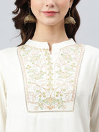 Janasya Women's Cream Rayon Slub Embroidered A-Line Top - Distacart