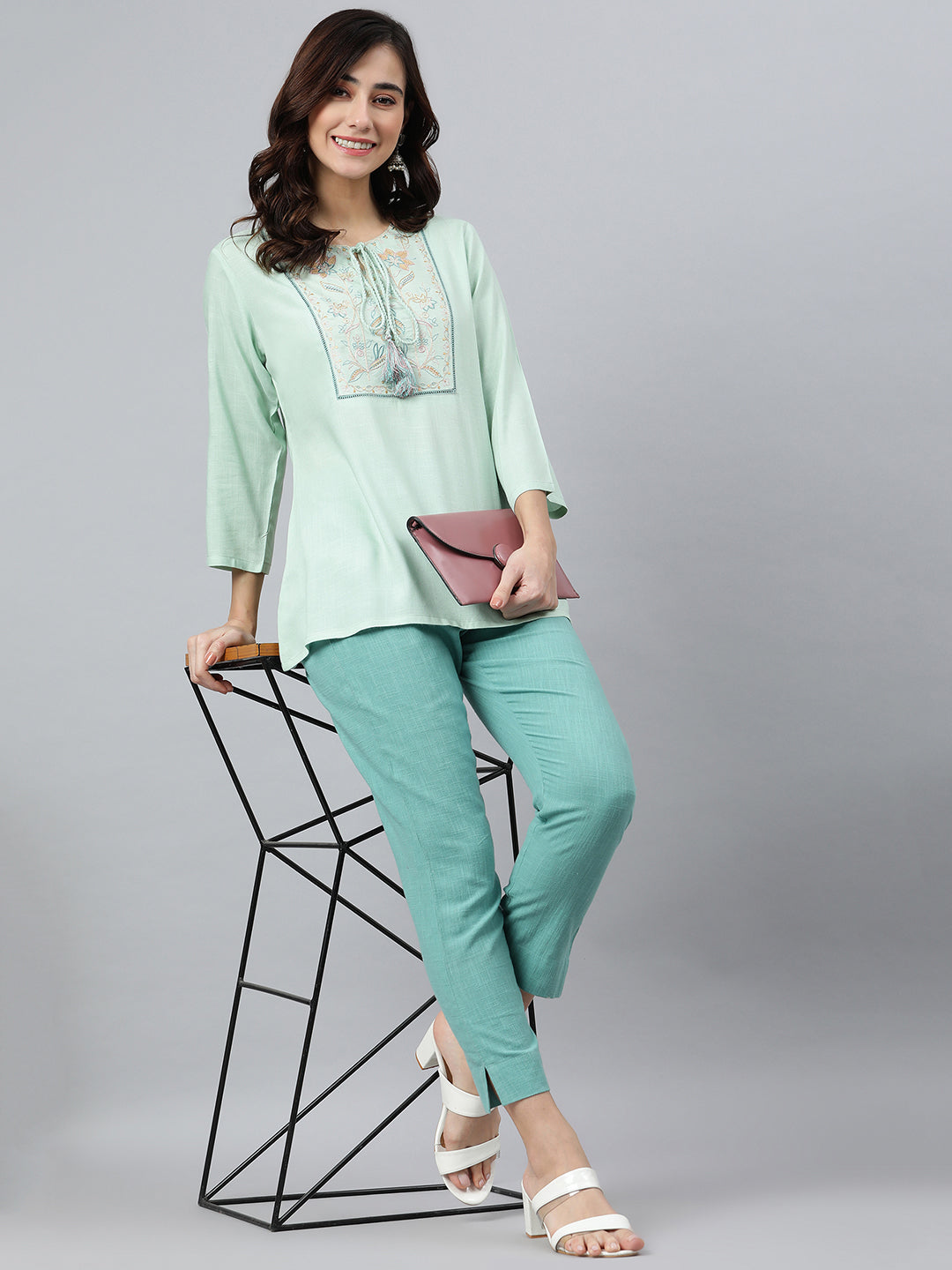 Janasya Women's Light Green Rayon Slub Embroidered A-Line Top - Distacart