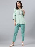 Janasya Women's Light Green Rayon Slub Embroidered A-Line Top - Distacart