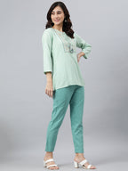 Janasya Women's Light Green Rayon Slub Embroidered A-Line Top - Distacart