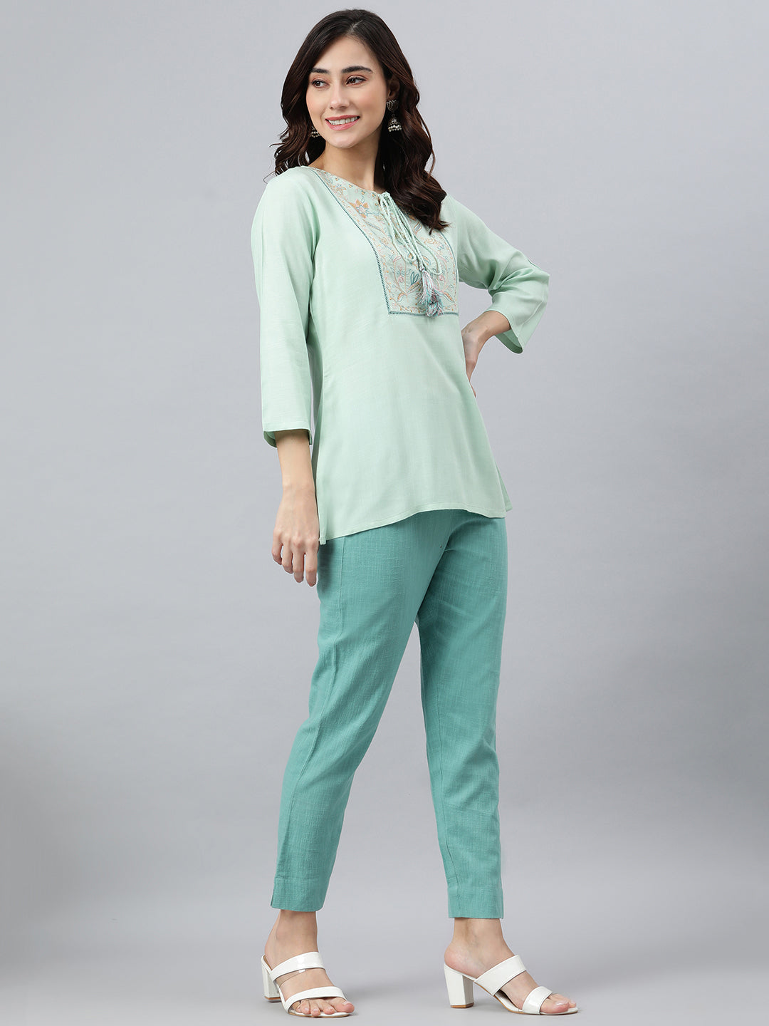 Janasya Women's Light Green Rayon Slub Embroidered A-Line Top - Distacart