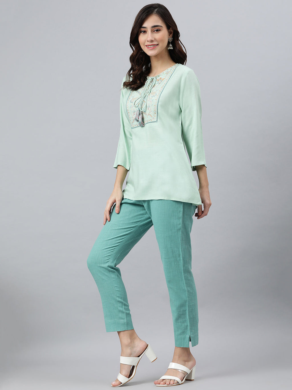 Janasya Women's Light Green Rayon Slub Embroidered A-Line Top - Distacart