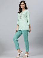 Janasya Women's Light Green Rayon Slub Embroidered A-Line Top - Distacart
