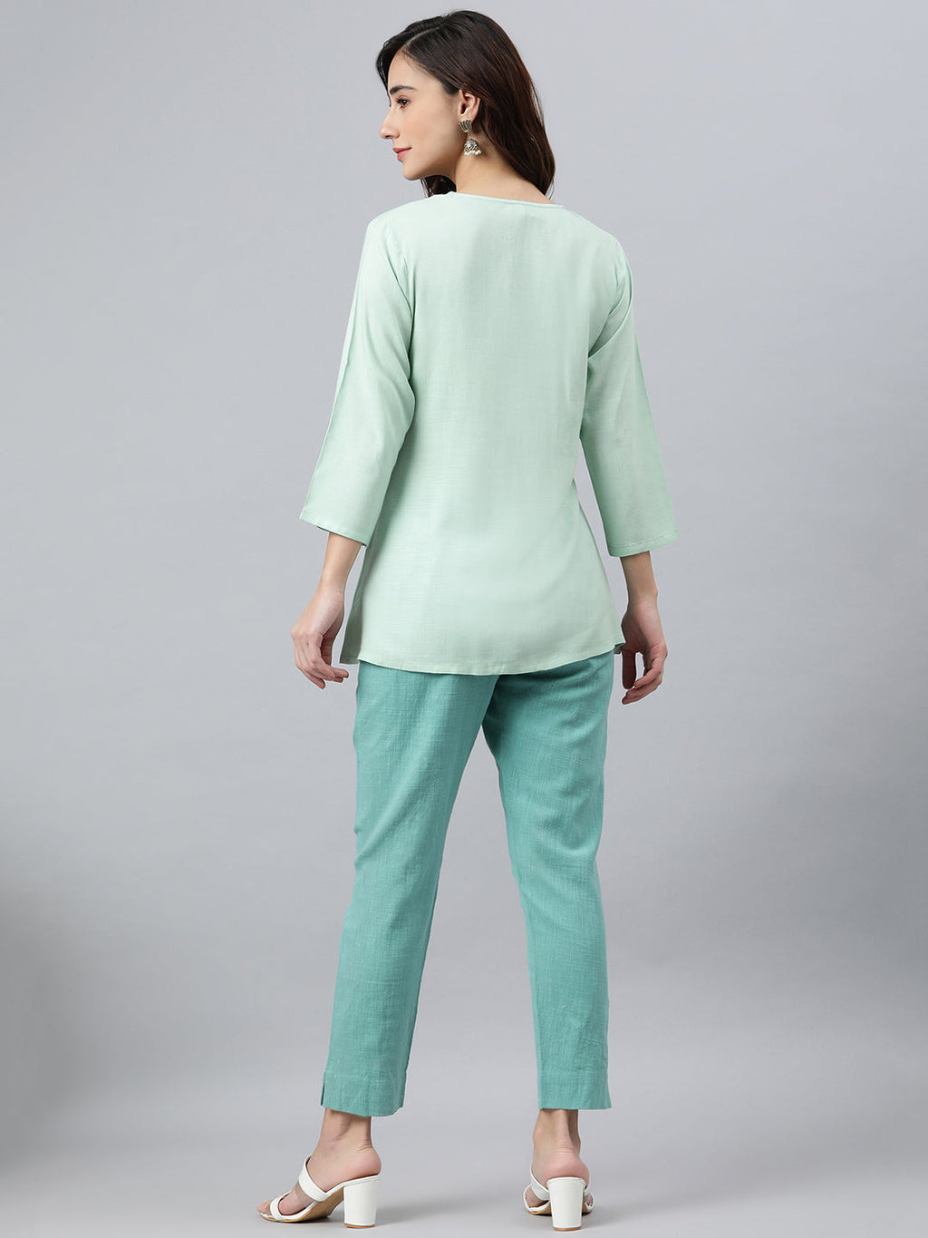 Janasya Women's Light Green Rayon Slub Embroidered A-Line Top - Distacart