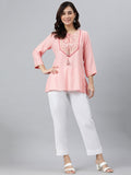 Janasya Women's Light Pink Rayon Slub Embroidered A-Line Top - Distacart