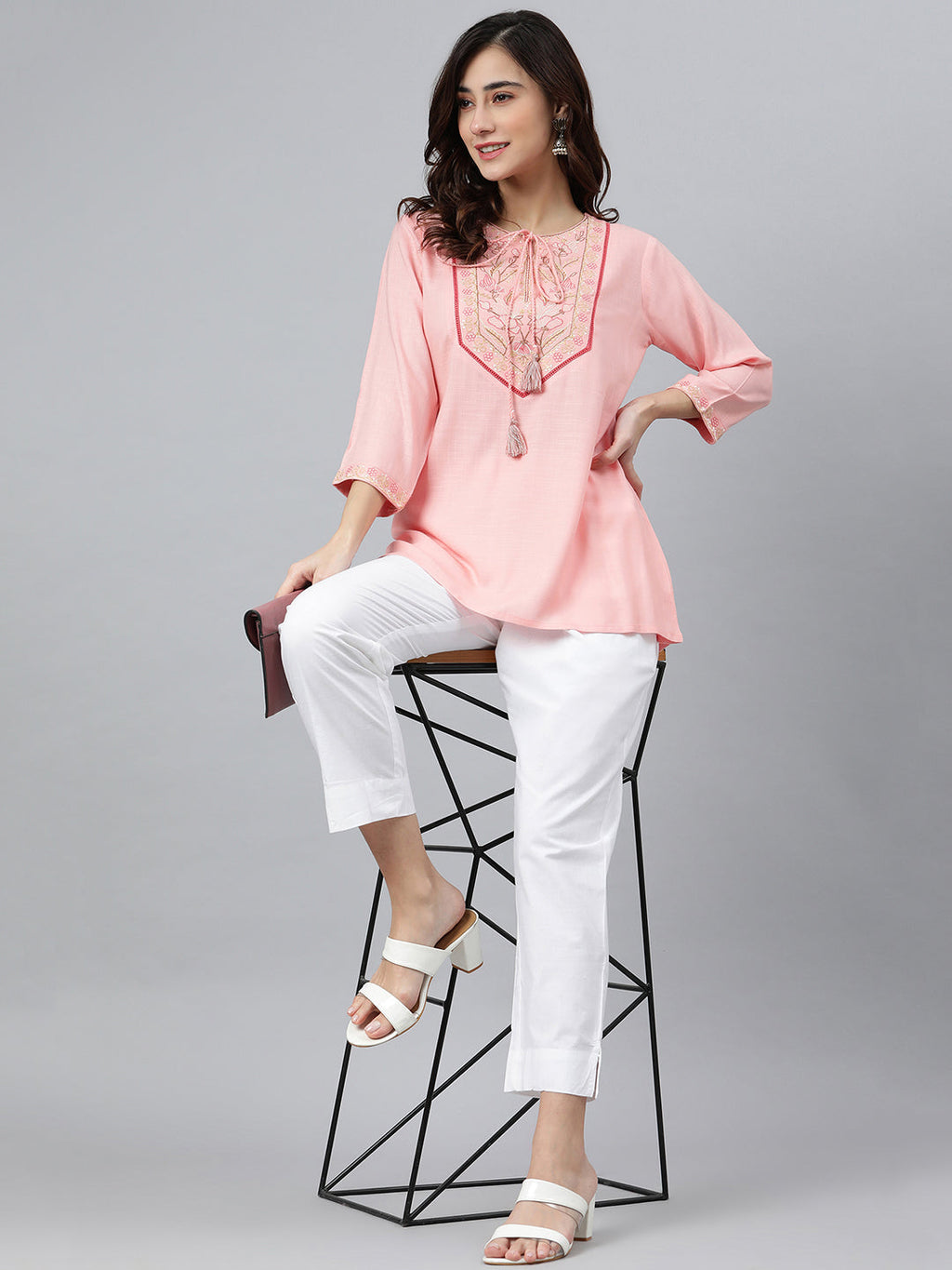 Janasya Women's Light Pink Rayon Slub Embroidered A-Line Top - Distacart