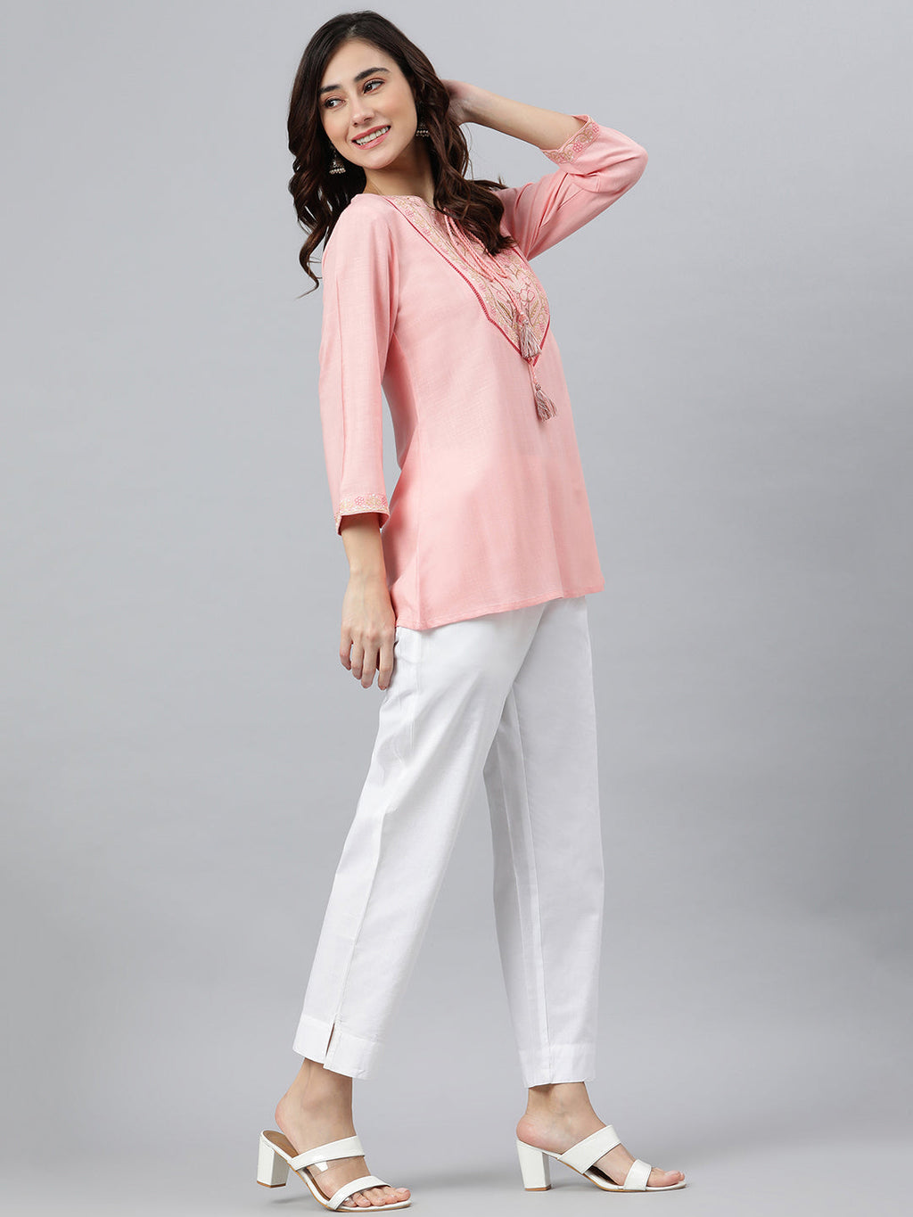 Janasya Women's Light Pink Rayon Slub Embroidered A-Line Top - Distacart