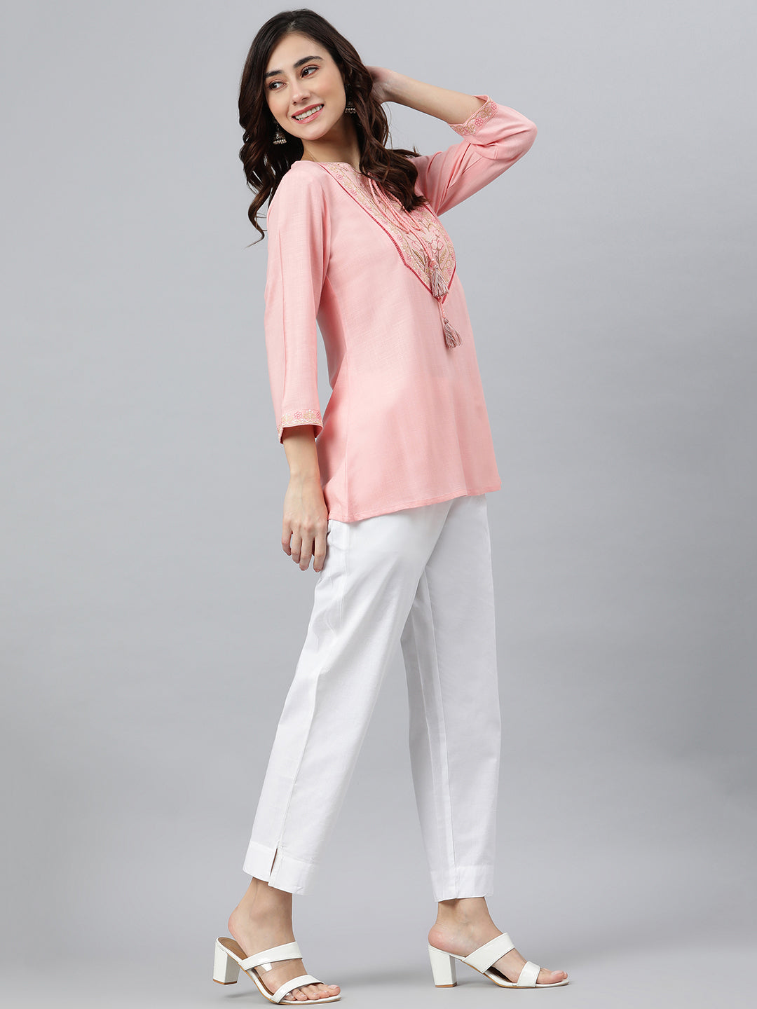 Janasya Women's Light Pink Rayon Slub Embroidered A-Line Top - Distacart