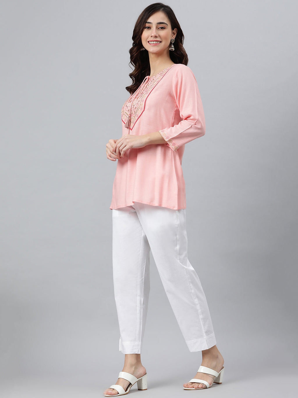 Janasya Women's Light Pink Rayon Slub Embroidered A-Line Top - Distacart