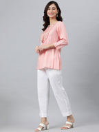 Janasya Women's Light Pink Rayon Slub Embroidered A-Line Top - Distacart