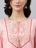 Janasya Women's Light Pink Rayon Slub Embroidered A-Line Top - Distacart