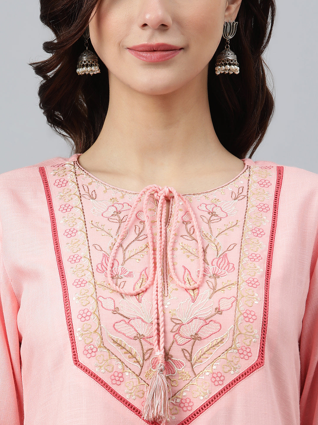 Janasya Women's Light Pink Rayon Slub Embroidered A-Line Top - Distacart