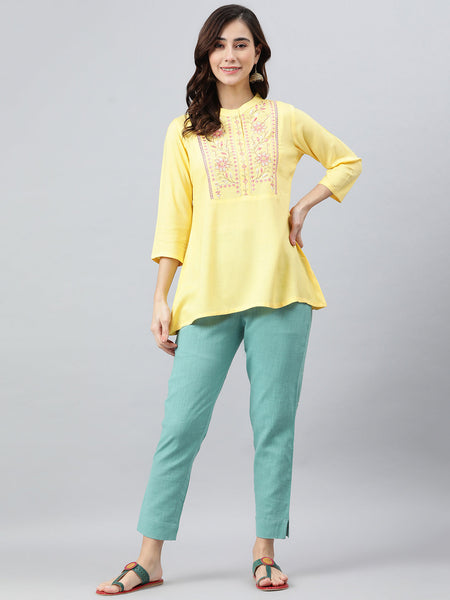 Janasya Women's Yellow Rayon Slub Embroidered A-Line Top