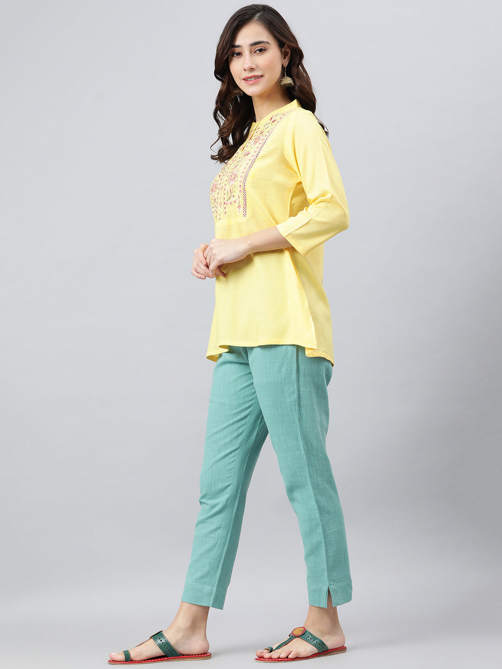Janasya Women's Yellow Rayon Slub Embroidered A-Line Top - Distacart
