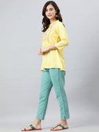 Janasya Women's Yellow Rayon Slub Embroidered A-Line Top - Distacart