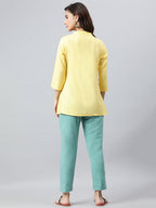 Janasya Women's Yellow Rayon Slub Embroidered A-Line Top - Distacart