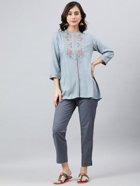 Janasya Women's Blue Rayon Slub Embroidered A-Line Top