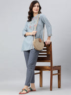 Janasya Women's Blue Rayon Slub Embroidered A-Line Top - Distacart