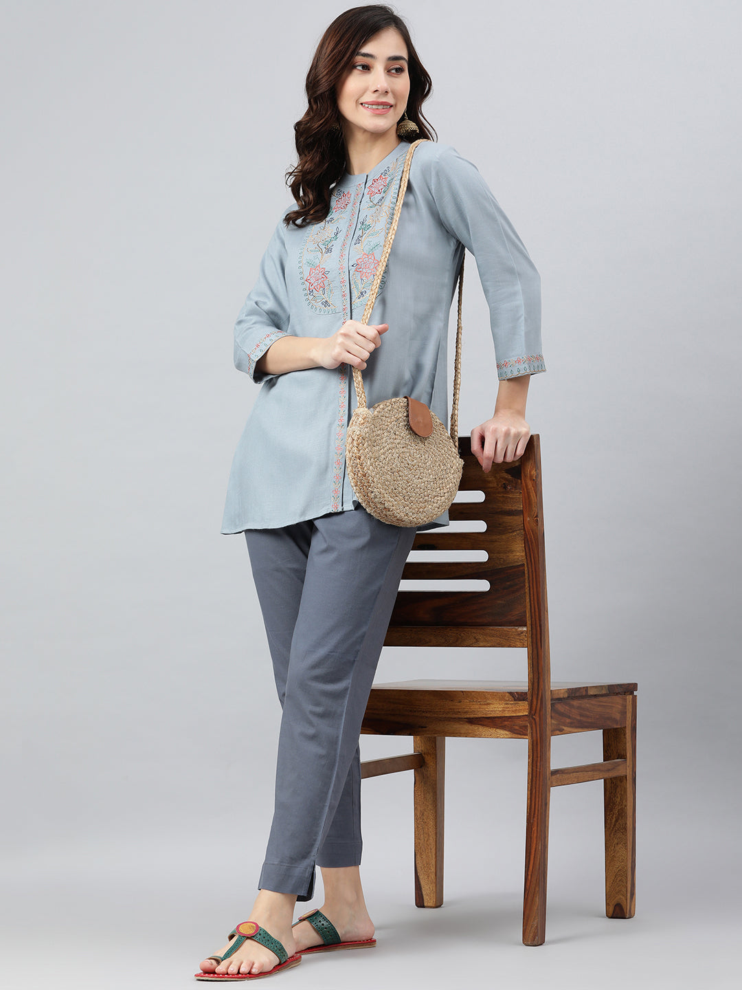 Janasya Women's Blue Rayon Slub Embroidered A-Line Top - Distacart