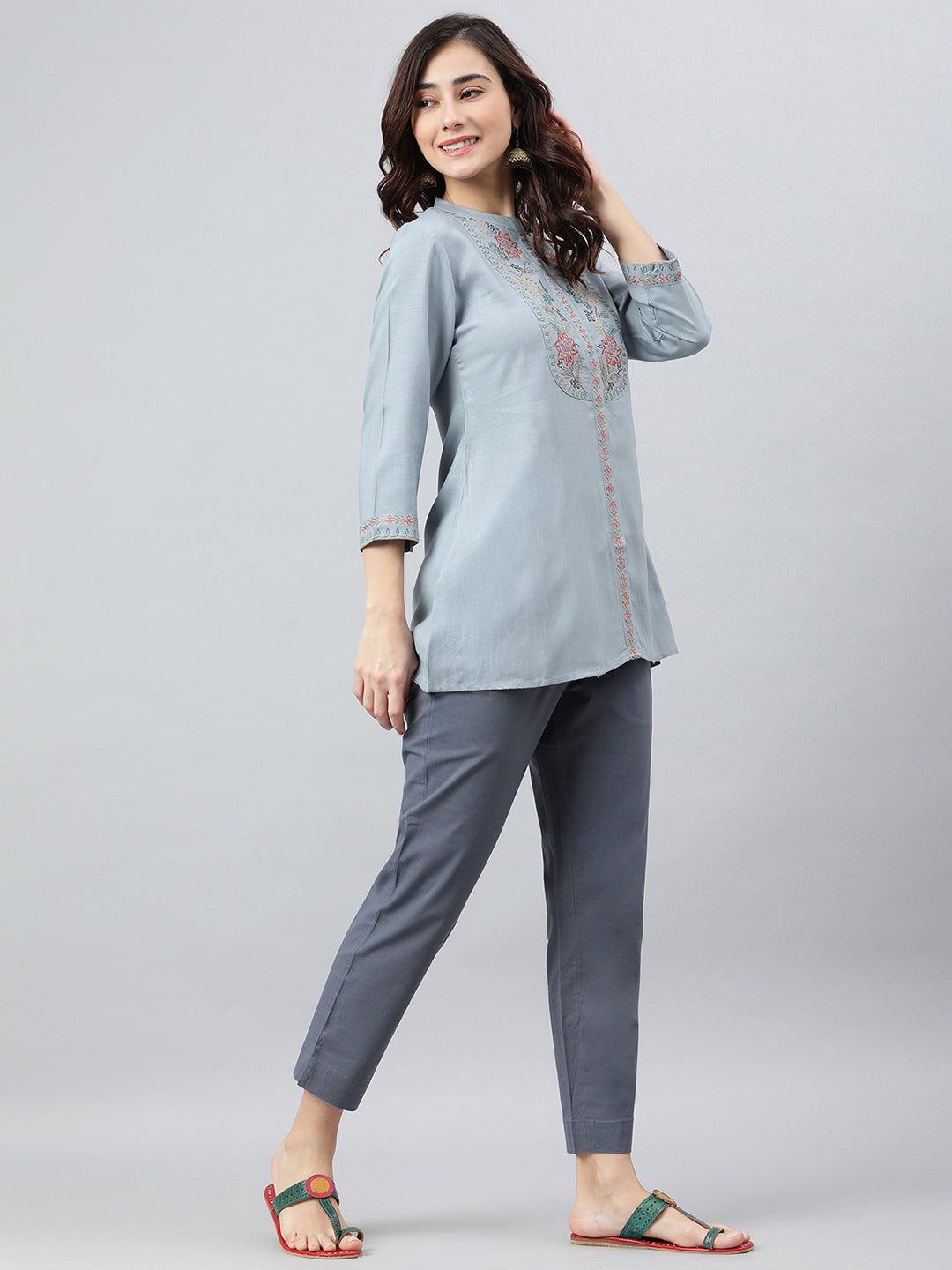 Janasya Women's Blue Rayon Slub Embroidered A-Line Top - Distacart