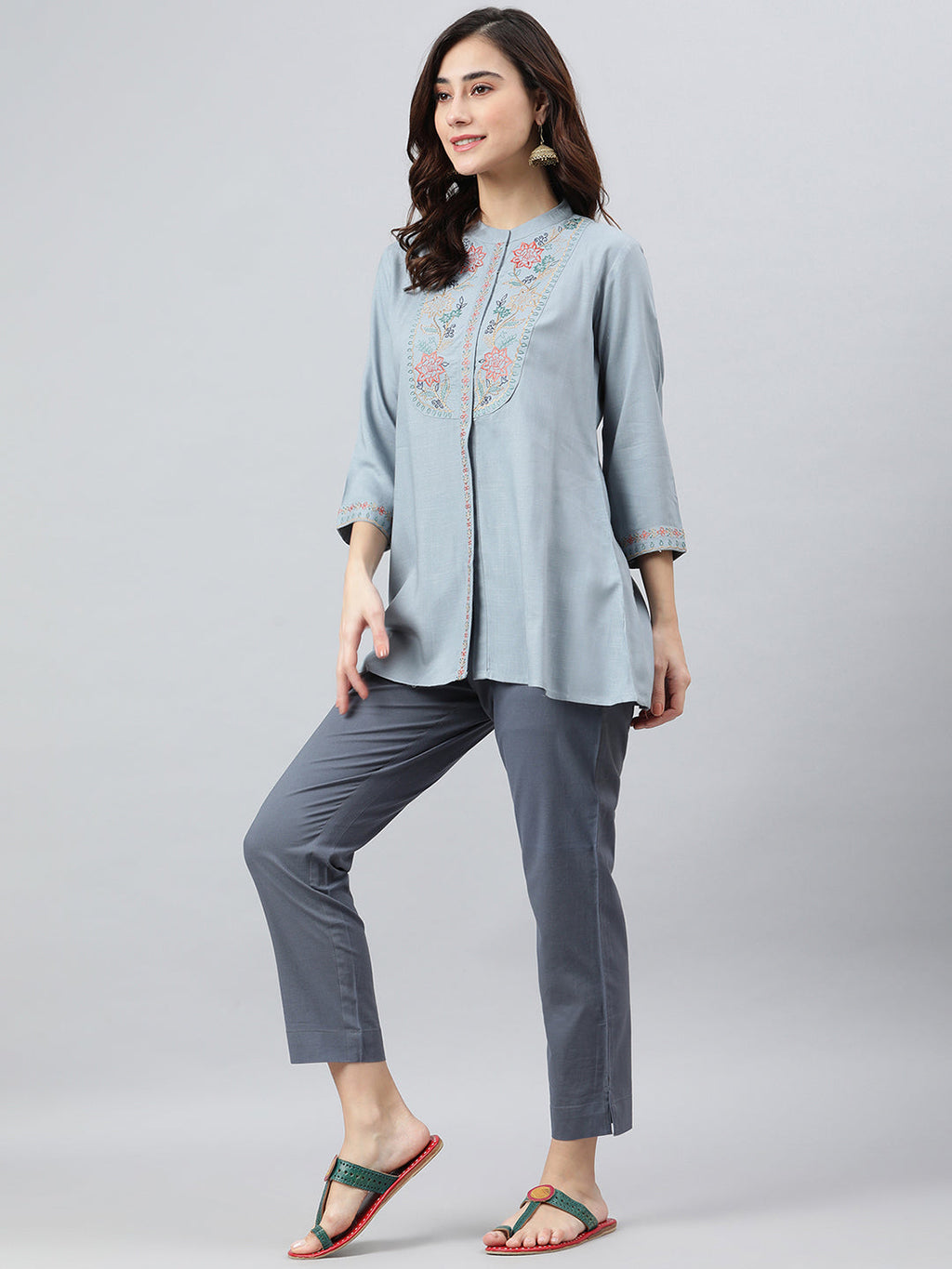 Janasya Women's Blue Rayon Slub Embroidered A-Line Top - Distacart