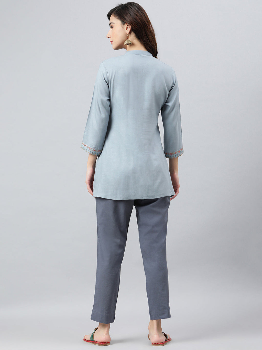 Janasya Women's Blue Rayon Slub Embroidered A-Line Top - Distacart