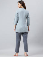 Janasya Women's Blue Rayon Slub Embroidered A-Line Top - Distacart