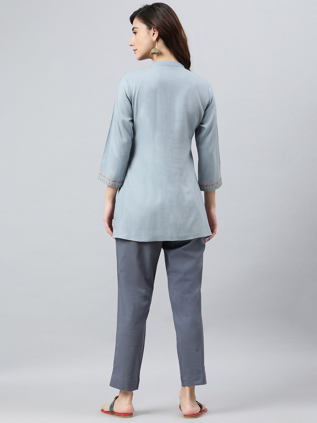 Janasya Women's Blue Rayon Slub Embroidered A-Line Top - Distacart