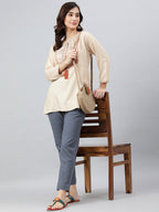 Janasya Women's Beige Rayon Slub Embroidered A-Line Top - Distacart