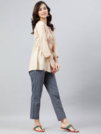Janasya Women's Beige Rayon Slub Embroidered A-Line Top - Distacart