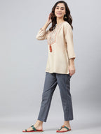Janasya Women's Beige Rayon Slub Embroidered A-Line Top - Distacart