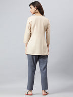 Janasya Women's Beige Rayon Slub Embroidered A-Line Top - Distacart