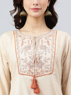 Janasya Women's Beige Rayon Slub Embroidered A-Line Top - Distacart