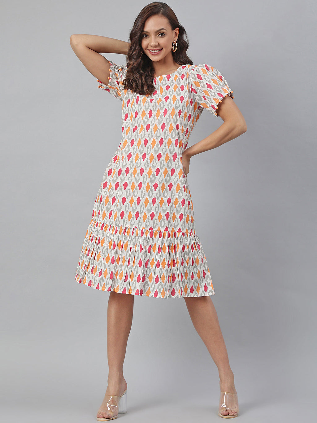 Janasya Women's Off White Cotton Printed A-line Western Dress - Distacart
