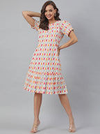 Janasya Women's Off White Cotton Printed A-line Western Dress - Distacart