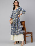 Janasya Navy Blue Cotton Floral Print Flared kurta