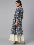 Janasya Navy Blue Cotton Floral Print Flared kurta